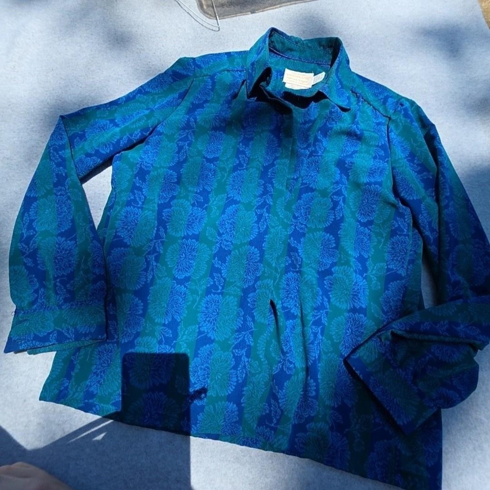 Vintage Country Sophisticates Blouse Womens 14 Blue Green Floral Button Up